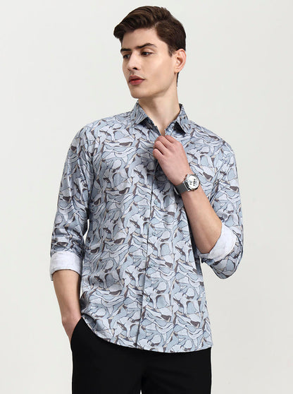 Blue Printed Slim Fit Casual Shirt | JadeBlue