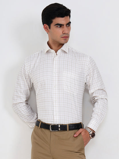 White & Fawn Checked Regular Fit Formal Shirt | Greenfibre