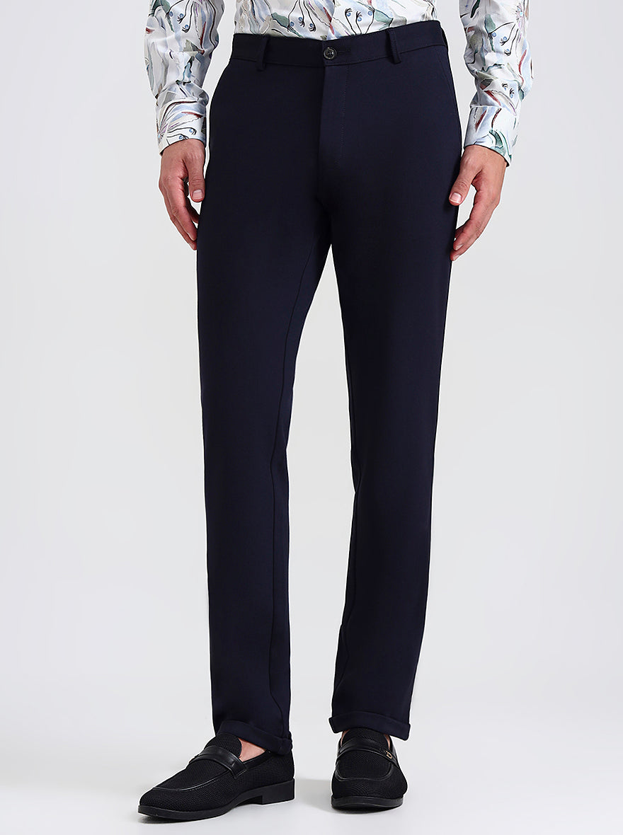 Navy Blue Solid Slim Fit Club Wear Trouser | JB Studio