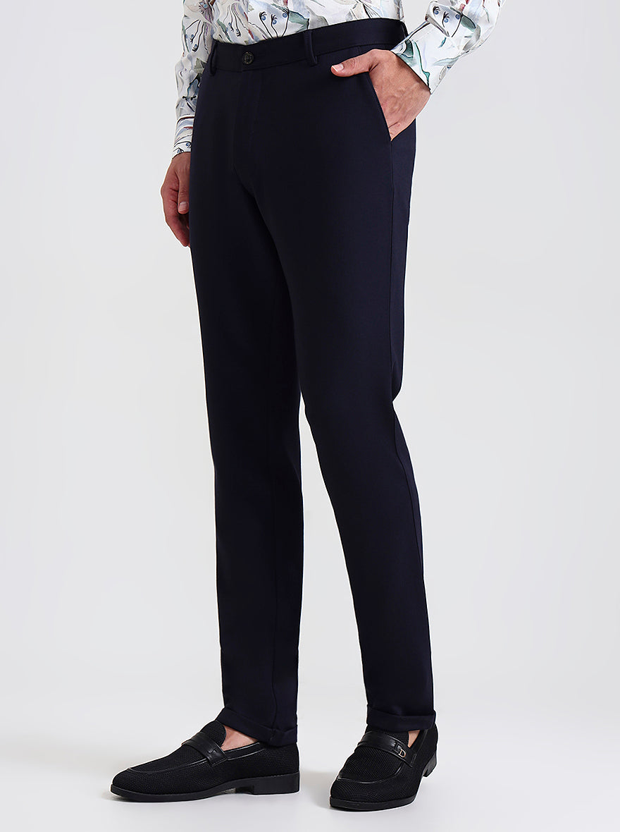 Navy Blue Solid Slim Fit Club Wear Trouser | JB Studio