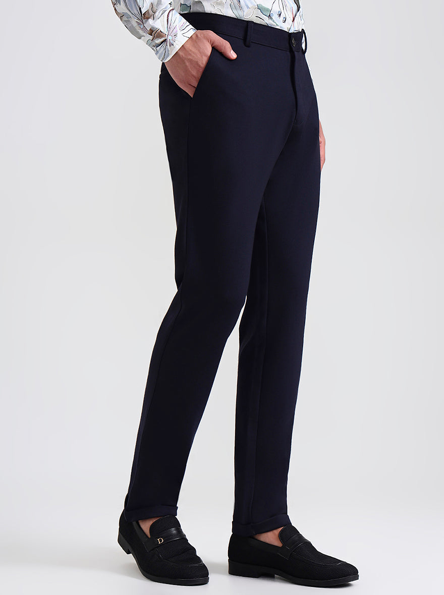 Navy Blue Solid Slim Fit Club Wear Trouser | JB Studio