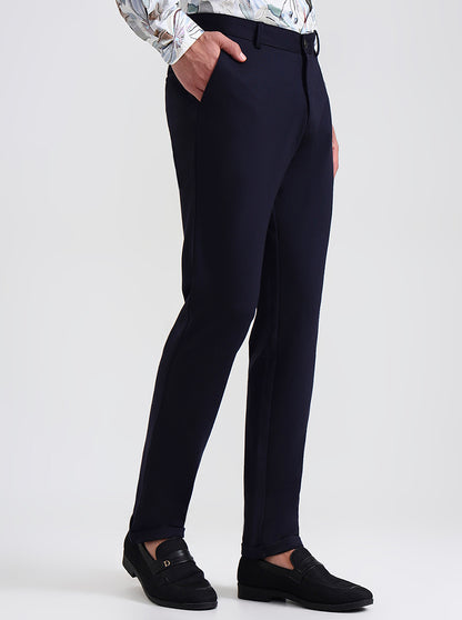 Navy Blue Solid Slim Fit Club Wear Trouser | JB Studio
