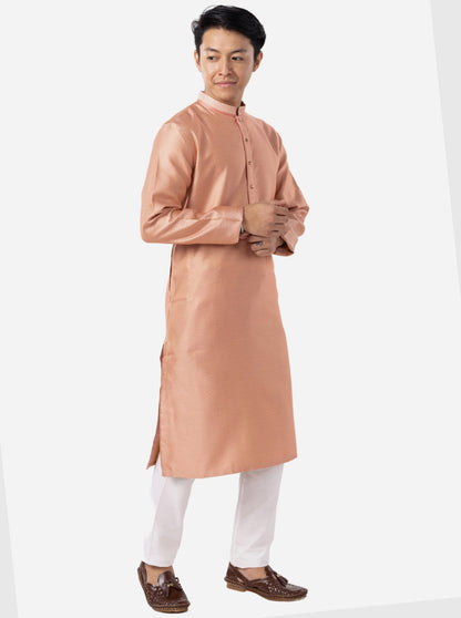Rose Pink Self Textured Silk Brocade Kurta | The Kurta Company