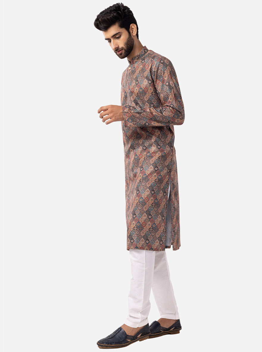 Khaki & Firoji Printed 100% Cotton Kurta | The Kurta Company