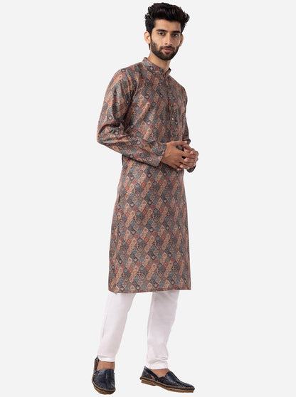 Khaki & Firoji Printed 100% Cotton Kurta | The Kurta Company