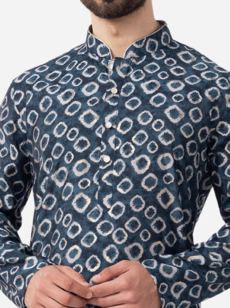 Indigo Blue Printed Silk Blend Kurta | The Kurta Company