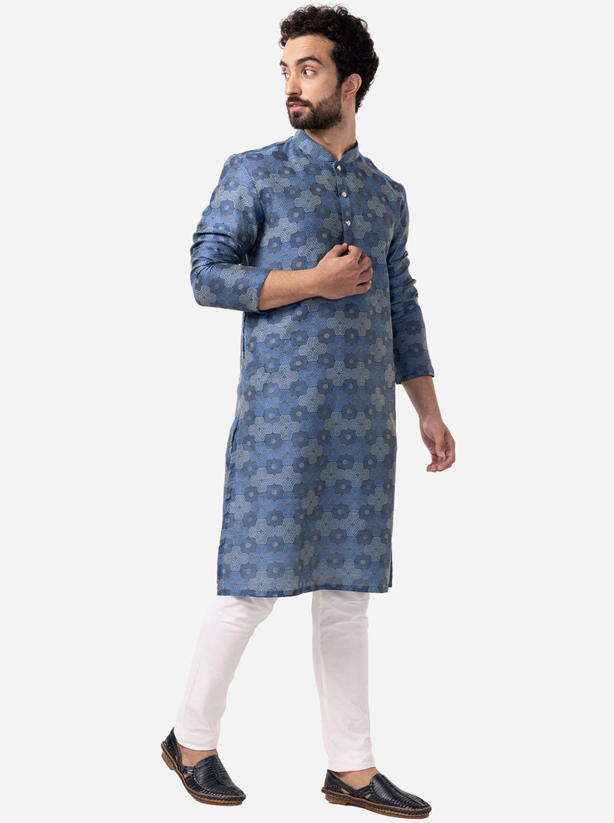 French Blue Printed Cotton Silk Blend Kurta | The Kurta Company