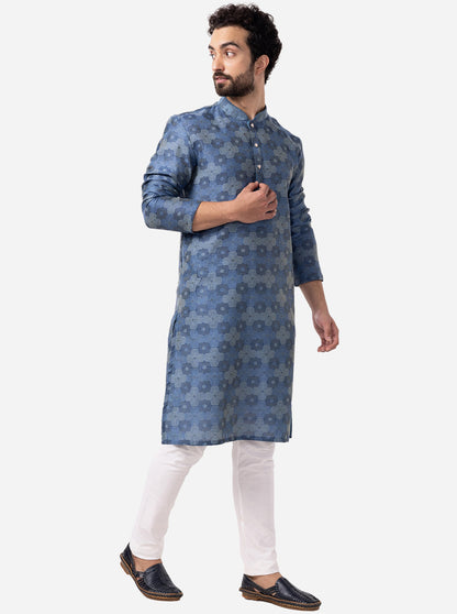 French Blue Printed Cotton Silk Blend Kurta | The Kurta Company