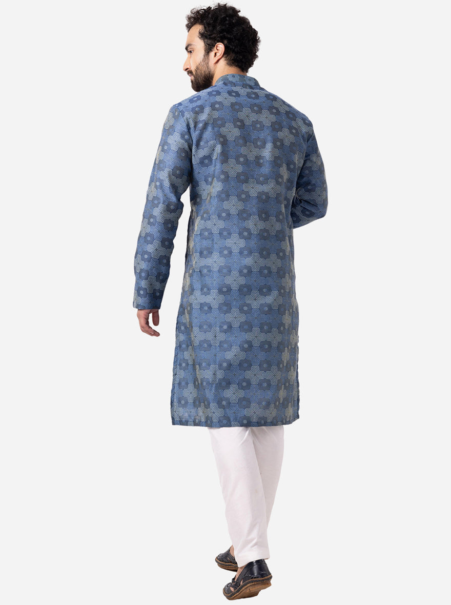 French Blue Printed Cotton Silk Blend Kurta | The Kurta Company