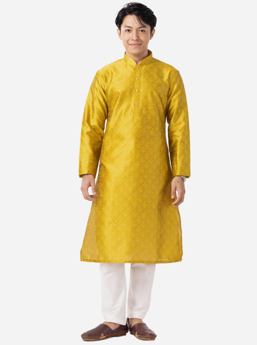 Yellow Printed Cotton Silk Blend Kurta | The Kurta Company