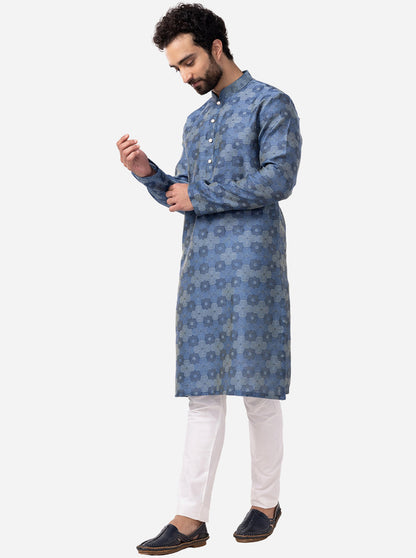 French Blue Printed Cotton Silk Blend Kurta | The Kurta Company