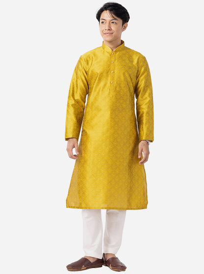 Yellow Printed Cotton Silk Blend Kurta | The Kurta Company