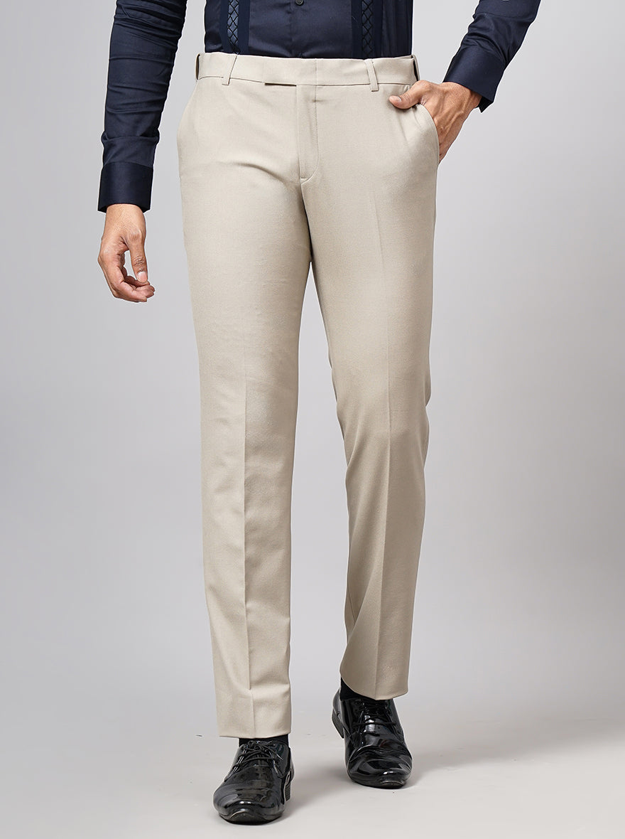 Beige Solid Slim Fit Formal Trouser | Metal
