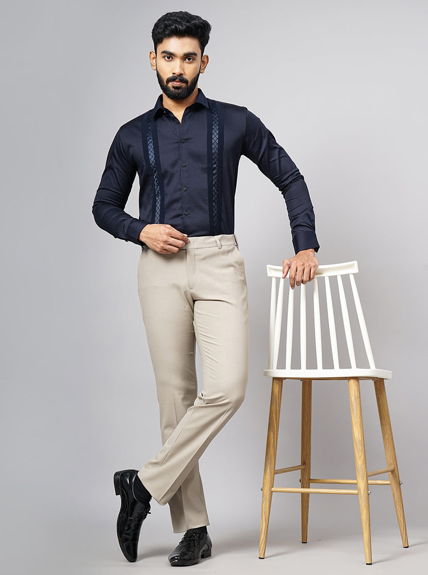 Beige Solid Slim Fit Formal Trouser | Metal
