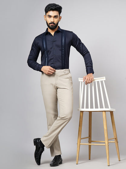 Beige Solid Slim Fit Formal Trouser | Metal