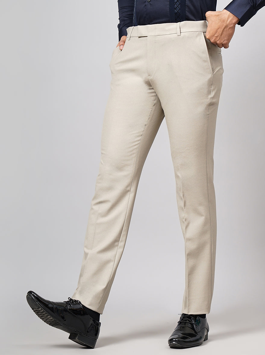 Beige Solid Slim Fit Formal Trouser | Metal