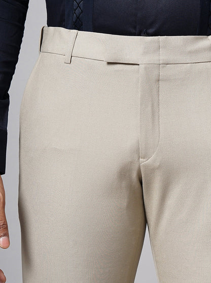 Beige Solid Slim Fit Formal Trouser | Metal