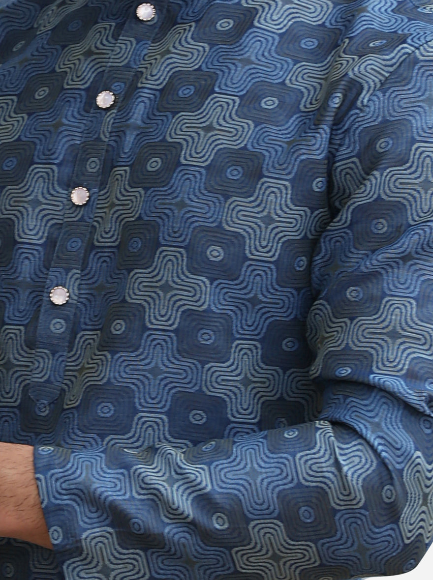French Blue Printed Cotton Silk Blend Kurta | The Kurta Company