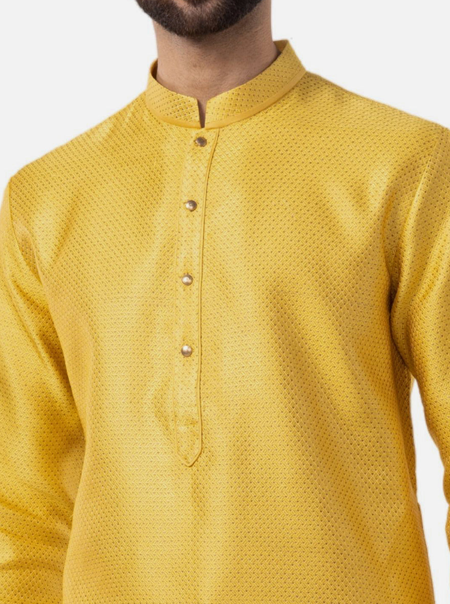Golden Yellow Self Textured Silk Brocade Kurta | The Kurta Company