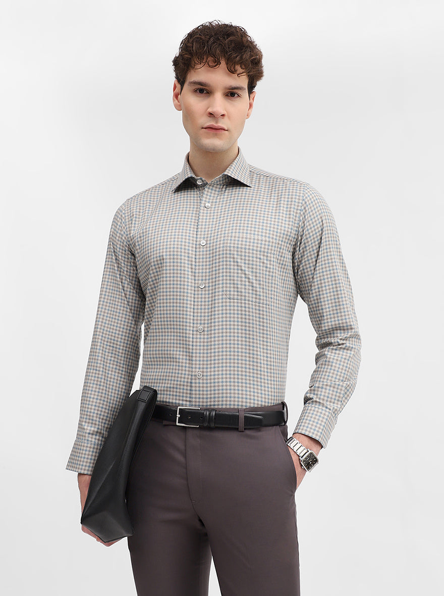Fawn & Blue Checked Slim Fit Formal Shirt | Metal