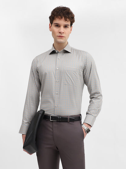 Fawn & Blue Checked Slim Fit Formal Shirt | Metal
