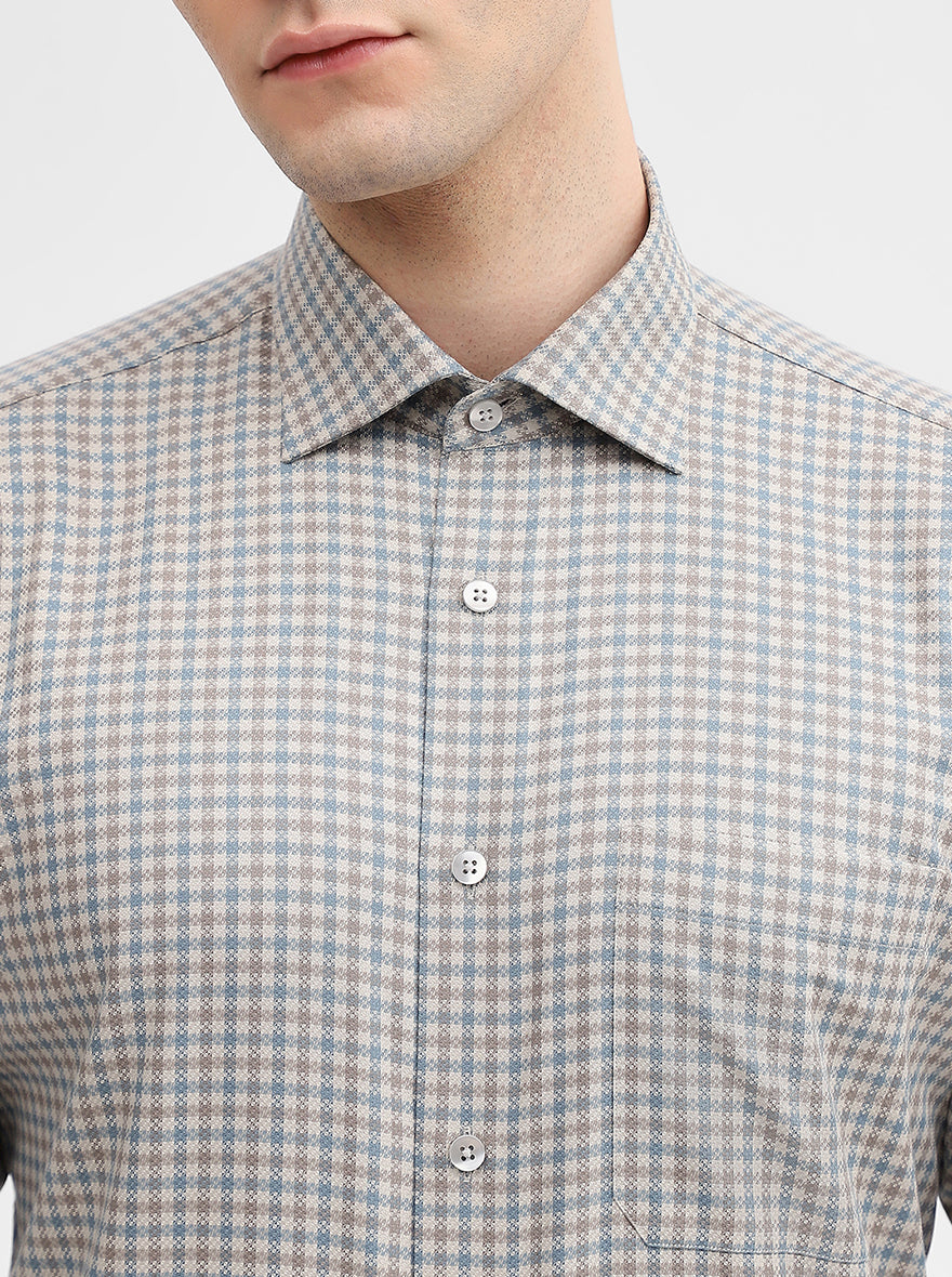 Fawn & Blue Checked Slim Fit Formal Shirt | Metal