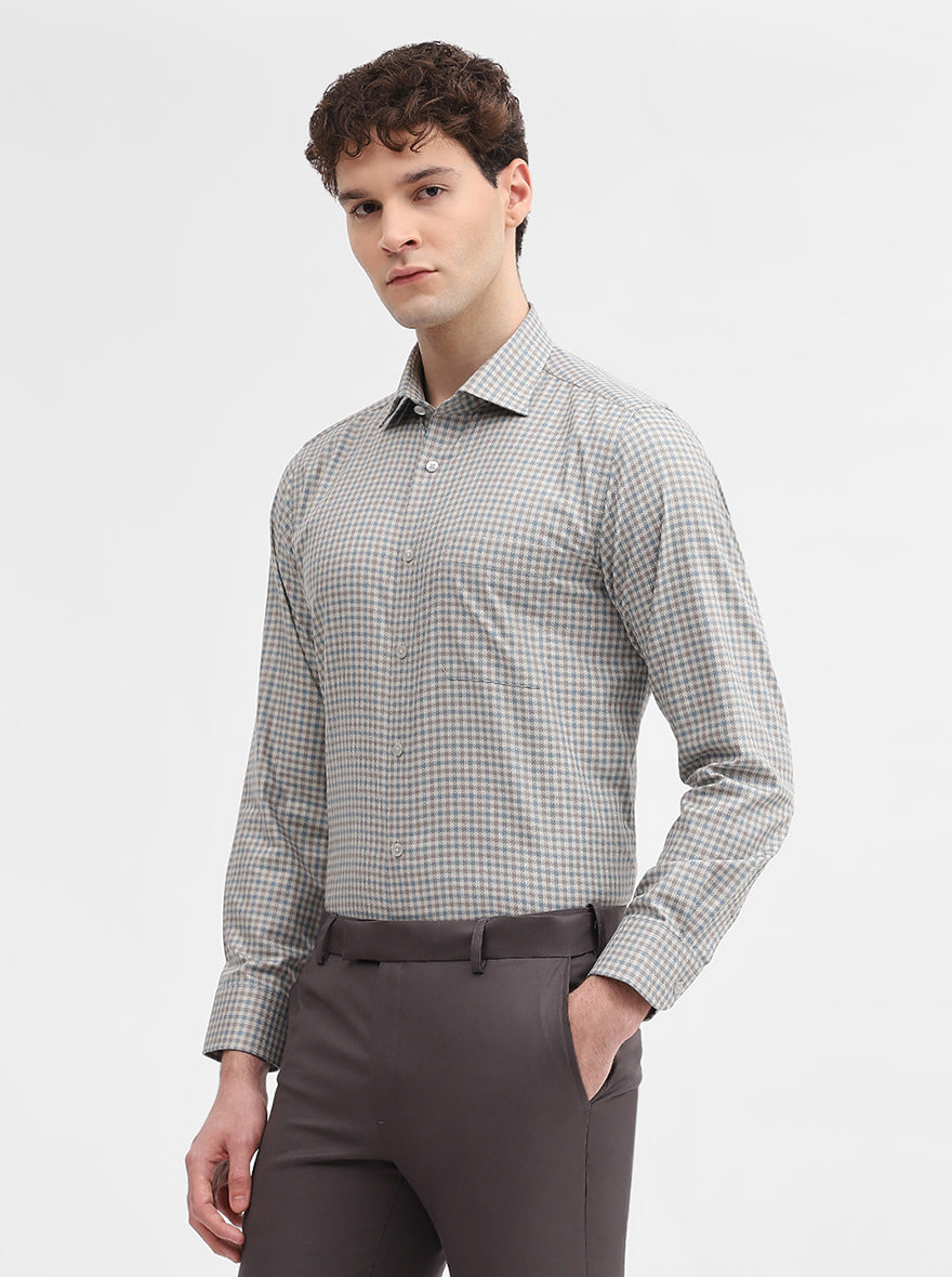 Fawn & Blue Checked Slim Fit Formal Shirt | Metal