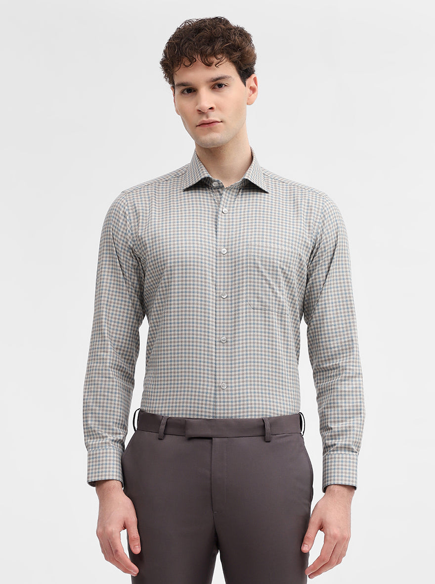 Fawn & Blue Checked Slim Fit Formal Shirt | Metal