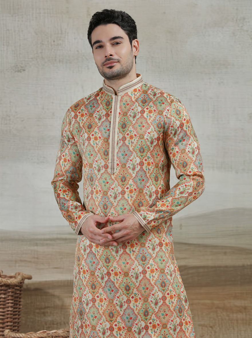 Yellow & Beige Printed Kurta Pajama | Virasana
