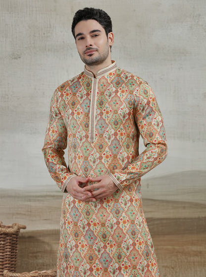 Yellow & Beige Printed Kurta Pajama | Virasana