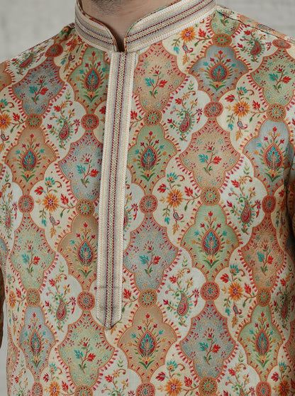 Yellow & Beige Printed Kurta Pajama | Virasana