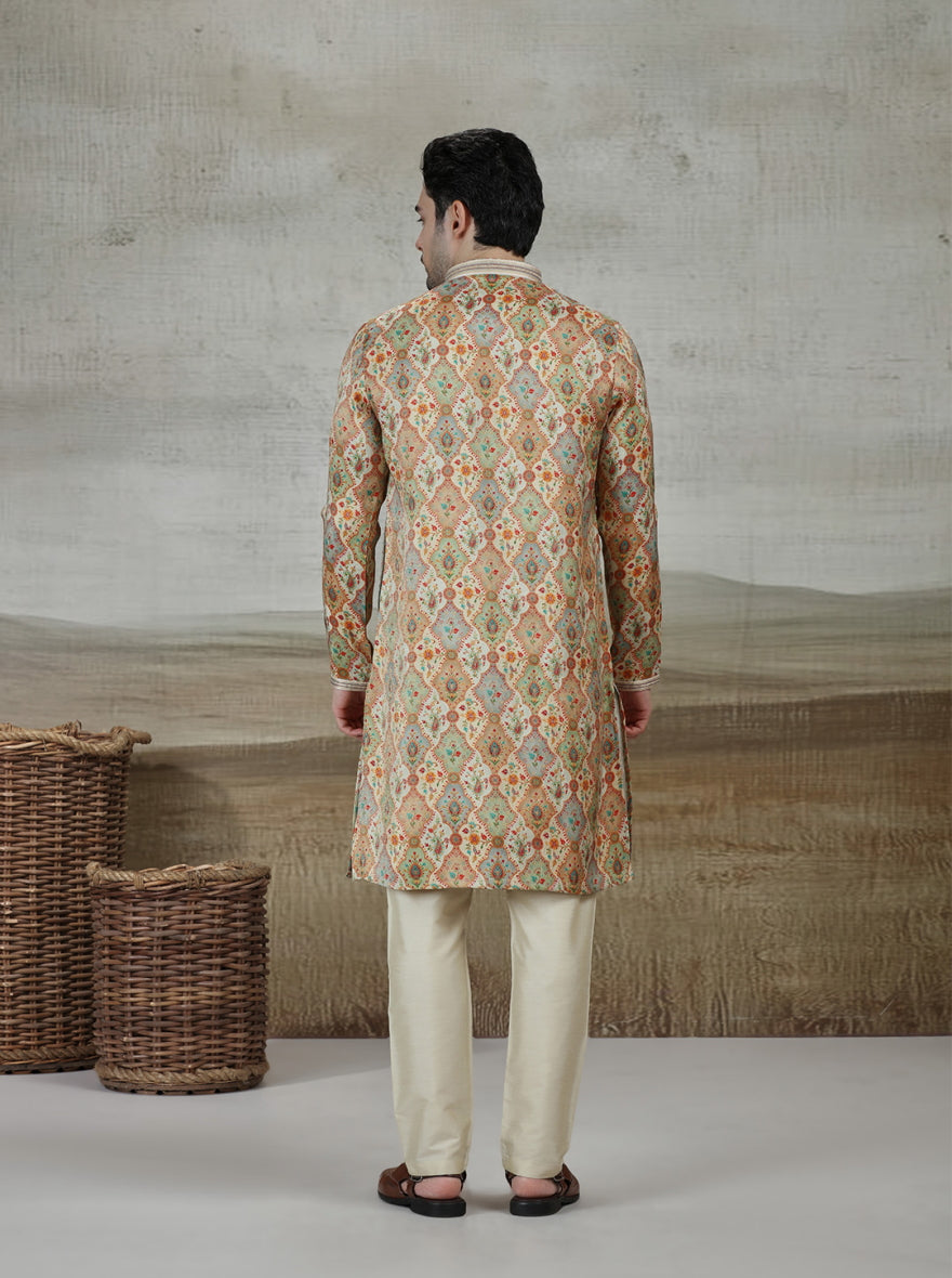 Yellow & Beige Printed Kurta Pajama | Virasana