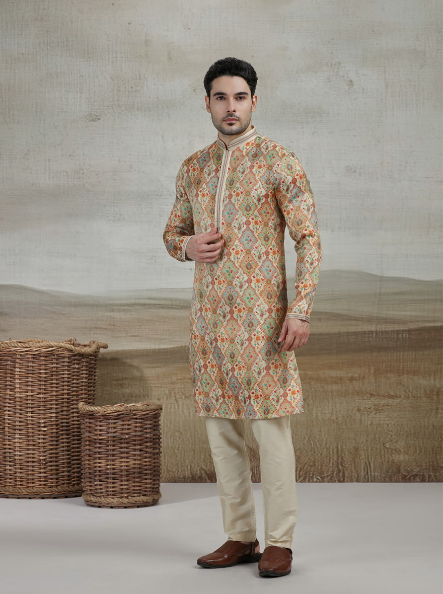 Yellow & Beige Printed Kurta Pajama | Virasana