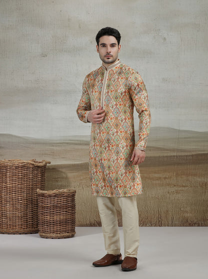 Yellow & Beige Printed Kurta Pajama | Virasana