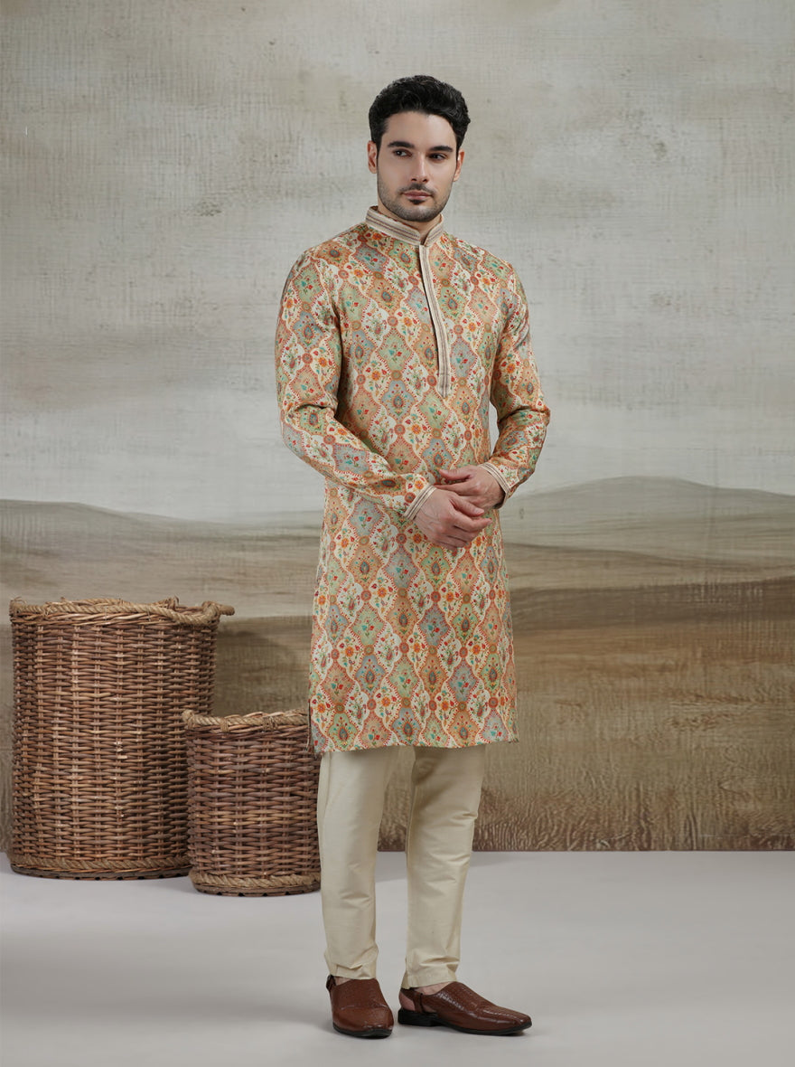 Yellow & Beige Printed Kurta Pajama | Virasana