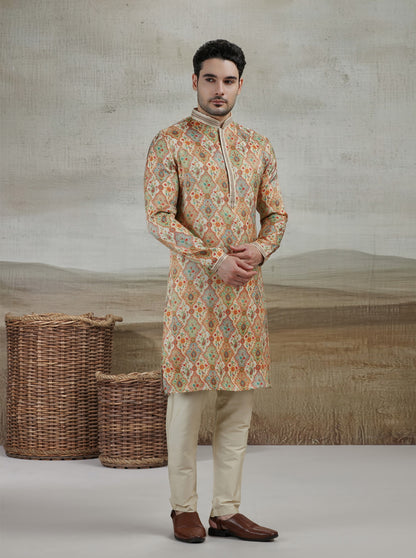 Yellow & Beige Printed Kurta Pajama | Virasana