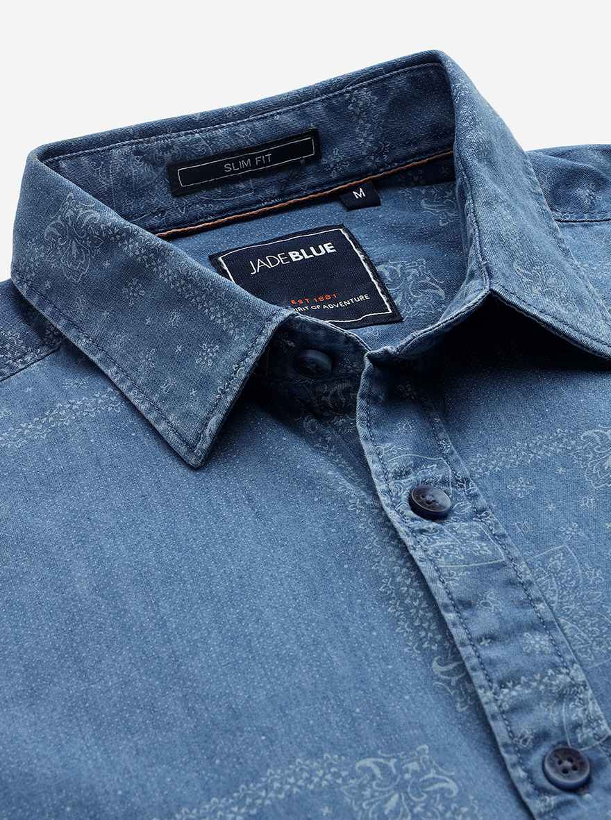Light Indigo Blue Printed Slim Fit Casual Shirt | JadeBlue