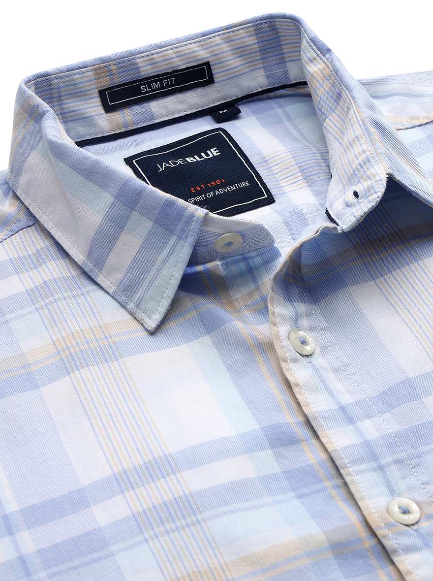 Light Blue Checked Slim Fit Casual Shirt | JadeBlue