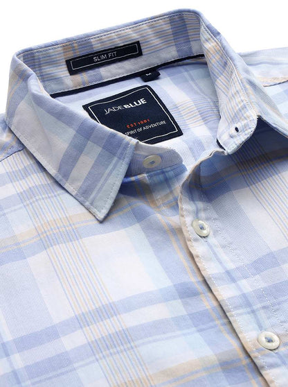 Light Blue Checked Slim Fit Casual Shirt | JadeBlue