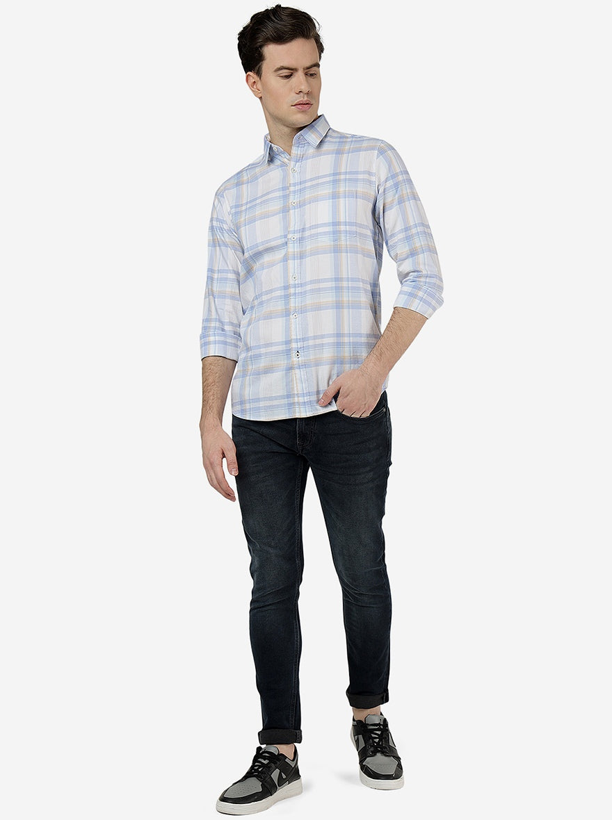 Light Blue Checked Slim Fit Casual Shirt | JadeBlue