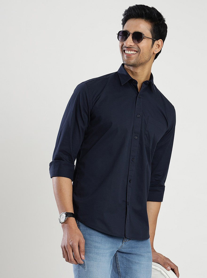 Navy Blue Solid Slim Fit Semi Casual Shirt | JadeBlue