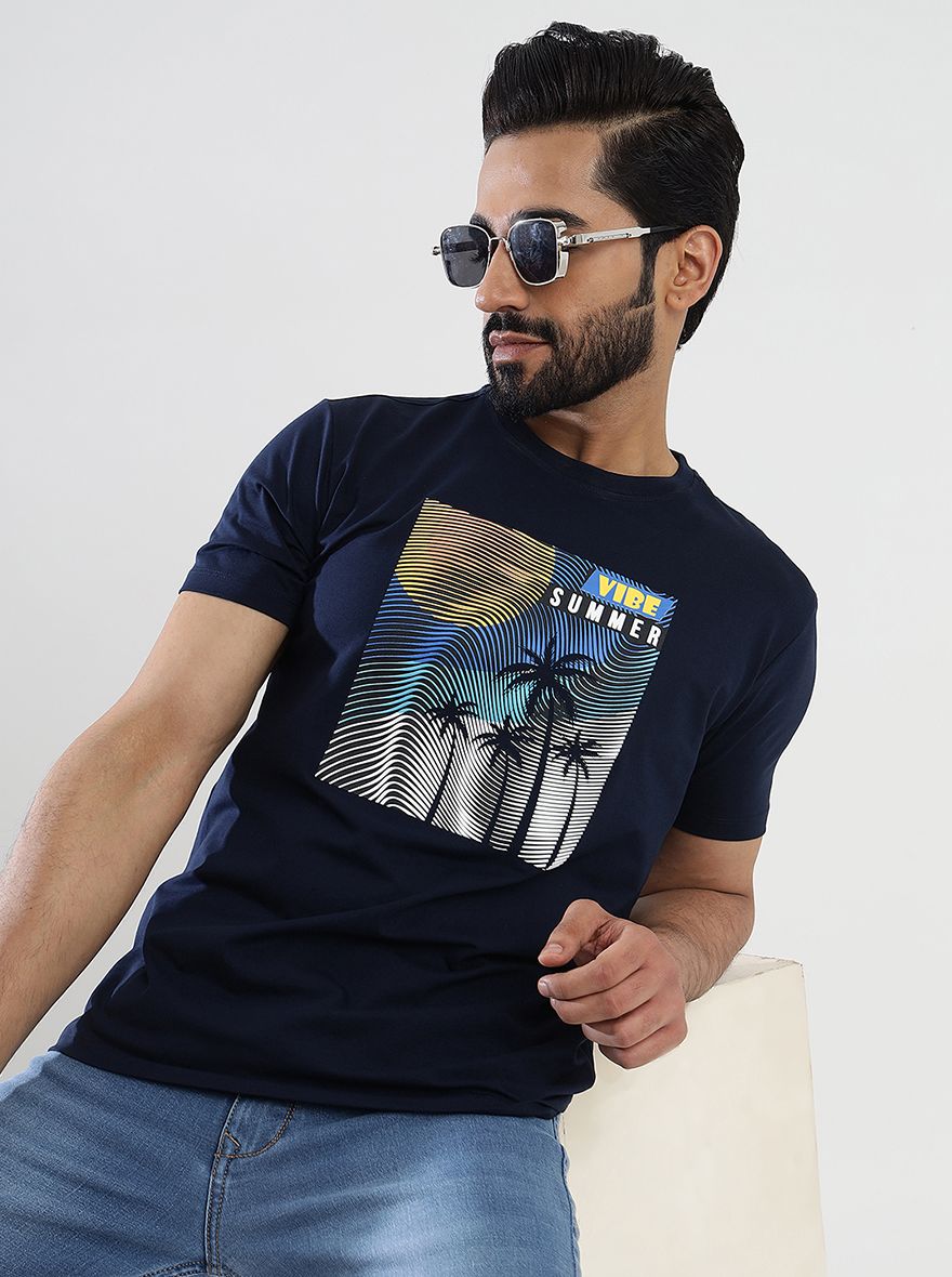 Navy Blue Printed Slim Fit T-Shirt | JadeBlue