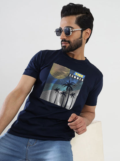 Navy Blue Printed Slim Fit T-Shirt | JadeBlue