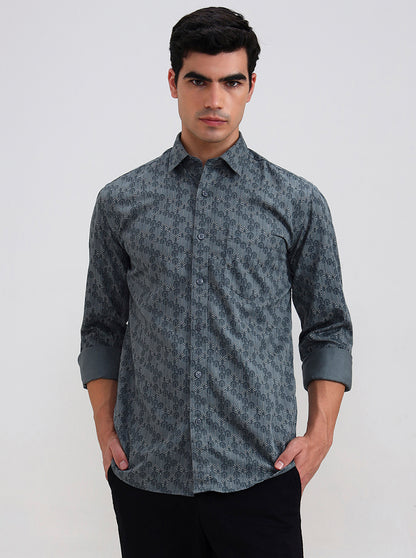 Mint Grey Printed Tailored Fit Semi Casual Shirt | JadeBlue