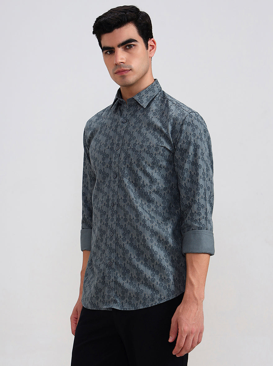 Mint Grey Printed Tailored Fit Semi Casual Shirt | JadeBlue