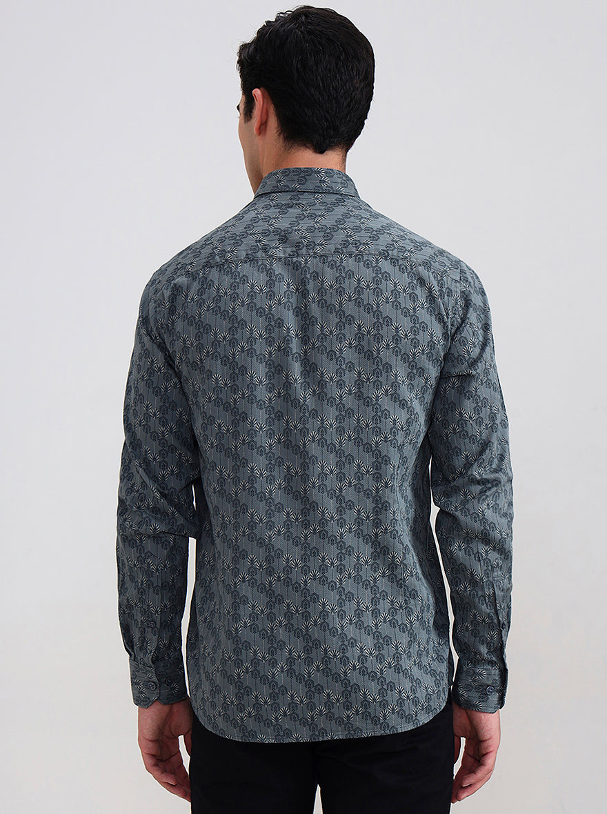 Mint Grey Printed Tailored Fit Semi Casual Shirt | JadeBlue