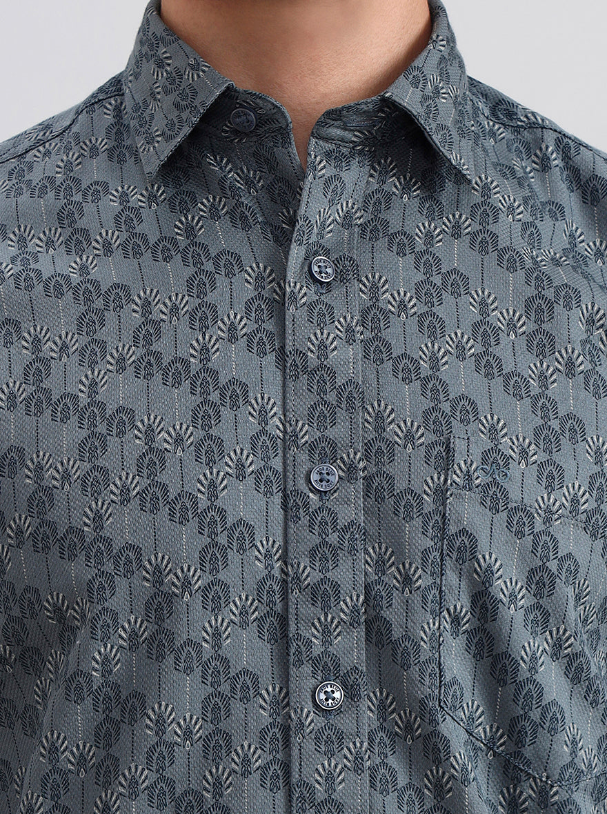 Mint Grey Printed Tailored Fit Semi Casual Shirt | JadeBlue