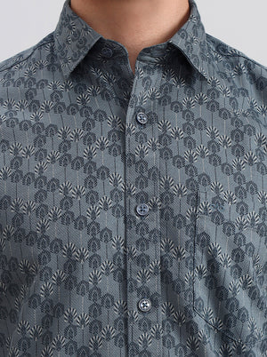Mint Grey Printed Tailored Fit Semi Casual Shirt | JadeBlue