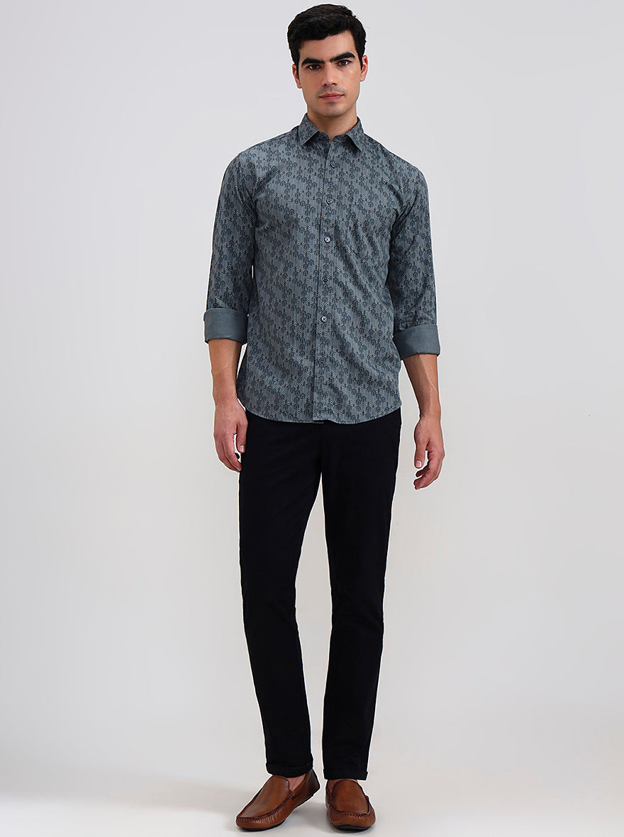 Mint Grey Printed Tailored Fit Semi Casual Shirt | JadeBlue