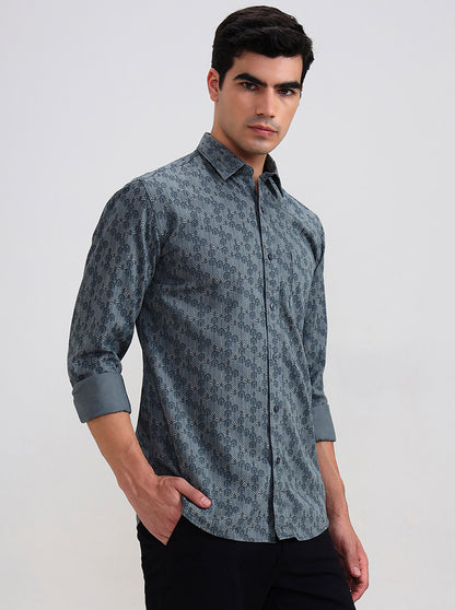 Mint Grey Printed Tailored Fit Semi Casual Shirt | JadeBlue